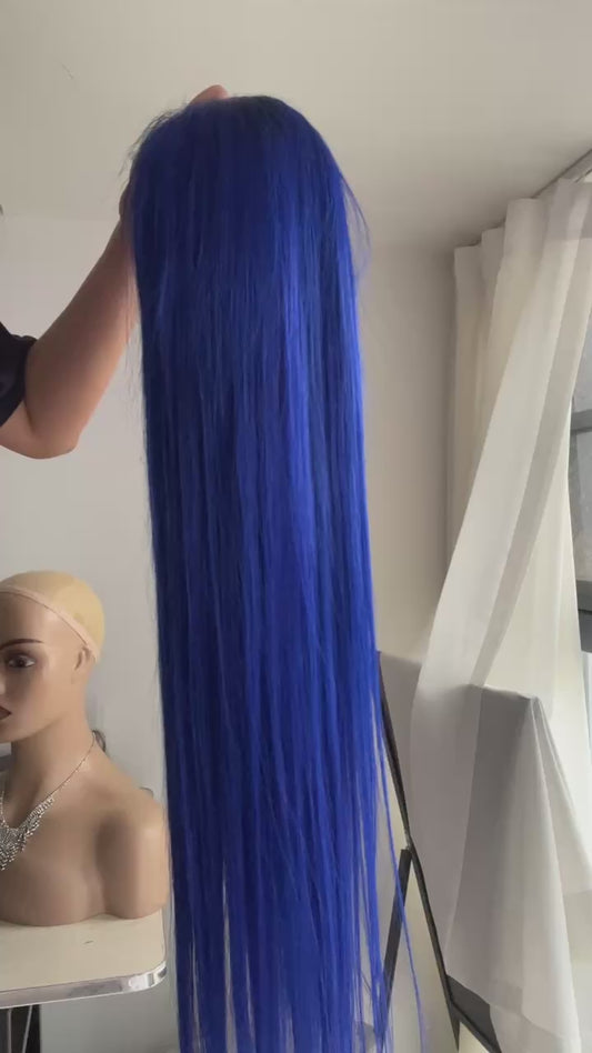 Hairlo Royal Blue Straight 13x4 Transparent Full Frontal Lace Wig -26-30 inches, Glueless, Pre-Cut & Pre-Plucked, Premium Quality  & Style