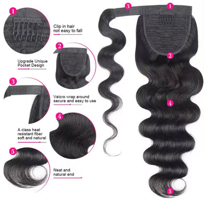 100% 11A Human Hair Body Waves Wrap - Around Ponytail Extension with Clip - in - Hairlo