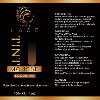 Hairlo Lace Tint Mousse - Medium Brown | Seamless Skin Tone Match for Natural-Looking Lace Installs (100ml / 3.4 fl. oz)