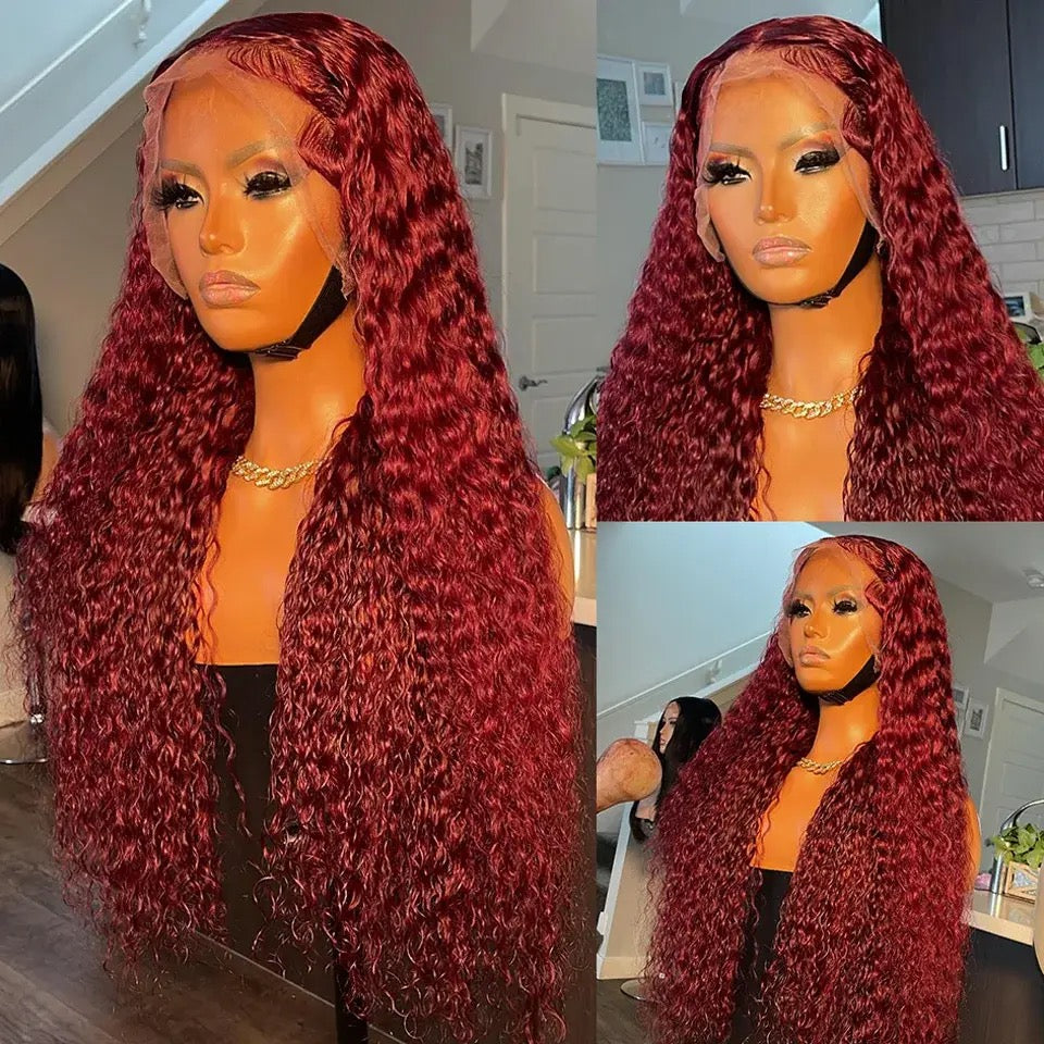 Hairlo 11A Burgundy Water Wave 13x4 Transparent Full Frontal Lace Wig -26 inches, Glueless, Pre-Cut & Pre-Plucked, 100% Human Hair