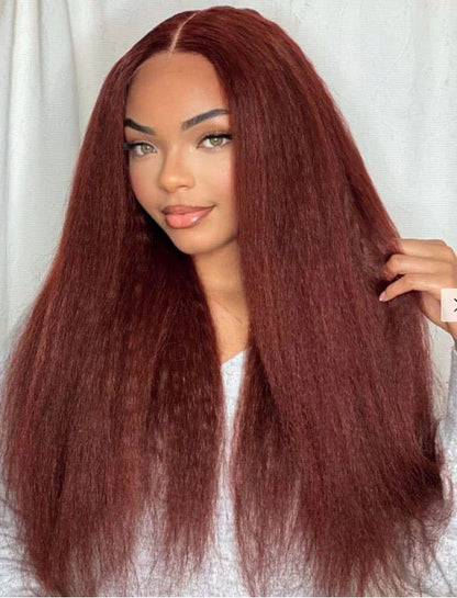 Hairlo #33 Reddish Brown Kinky Straight 13x4 and 13*6 Transparent Full Frontal Lace Wig - 26 - 30 inches, Glueless, Pre - Cut & Pre - Plucked, 100% Human Hair - Hairlo